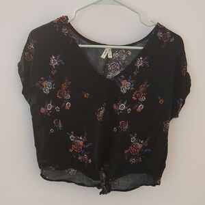 Mudd Black and Pink Tie Front Floral Crop Blouse